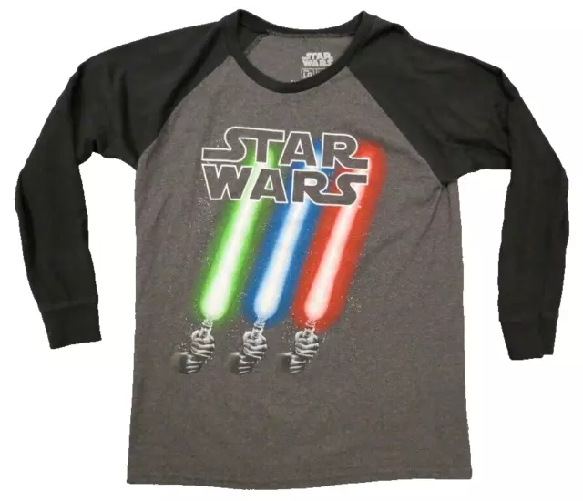 Star Wars Youth Gray T-Shirt Lightsabers Black Long Sleeve Size Large Colorful