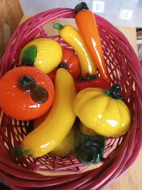 Murano Style Glass Fruits &Vegetables Lot of 11 With Basket