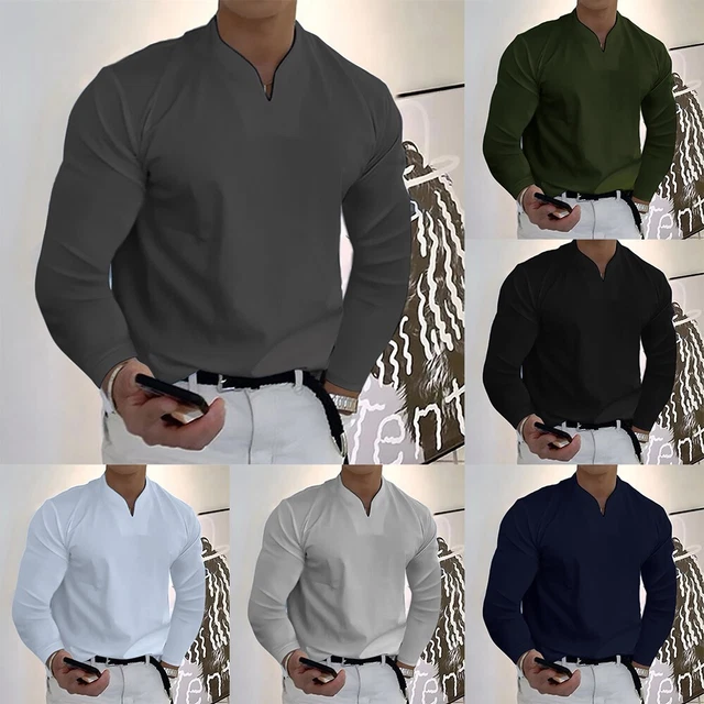 T-shirt uomo business casual a maniche lunghe collo a V in vestibilità slim des