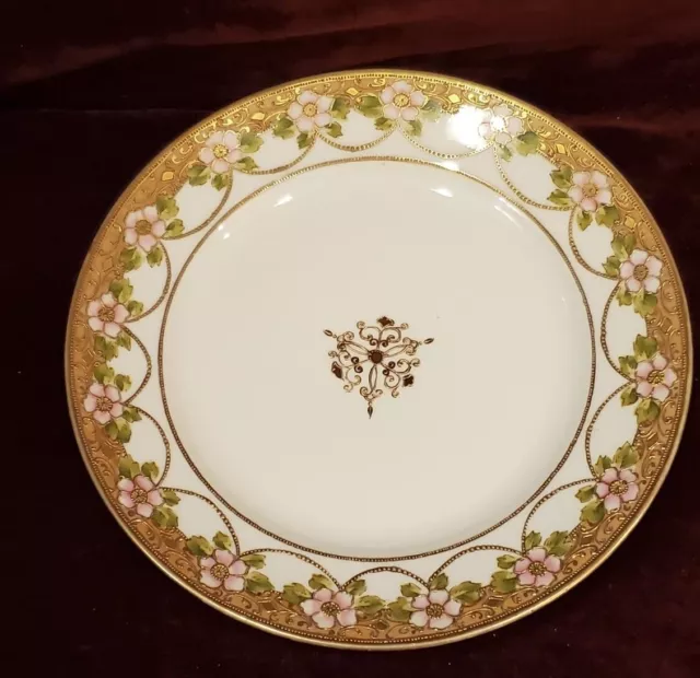 RC Nippon Plate 9-3/4" Gold Moriage & Beading Pink Flowers RC Mark