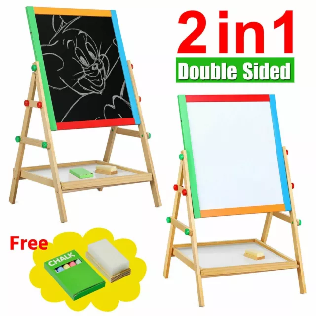 Kids Wooden 2 In 1 Blackboard & Whiteboard Childrens Easel Chalk Drawing Board