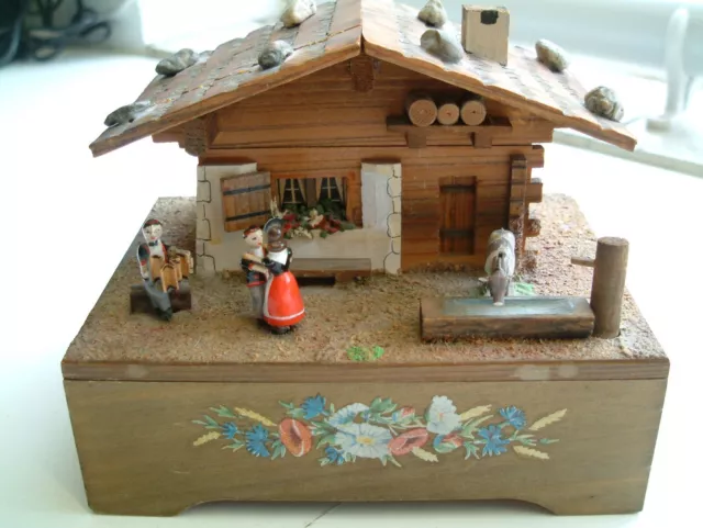 Vintage Swiss Cottage Chalet Wooden Wind-up Musical Jewellery Music Box