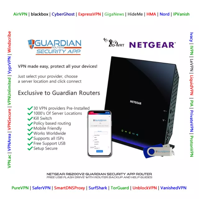 Netgear R6300v2 MULTI VPN Router 30 VPN providers Works Worldwide Guardian App