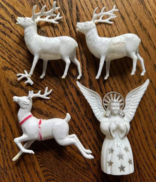 Lot of 4 Vintage Hard Plastic - 3 White Reindeer Deer  1 Angel Christmas Figures