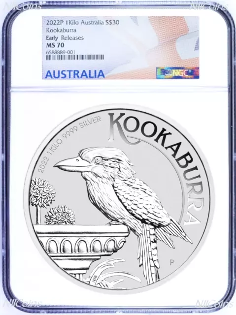 2022 Kookaburra 1 Kilo .9999 Silver $30 Coin NGC MS70 32.2oz Flag Label ER