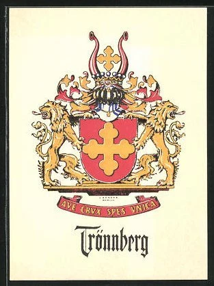 Exlibris Trönnberg, escudo flanqueado por leones, Ave Crux Spes Unica
