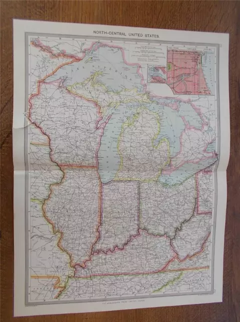 Antique c1904 Colour Map NORTH CENTRAL UNITED STATES OF AMERICA USA HARMSWORTH
