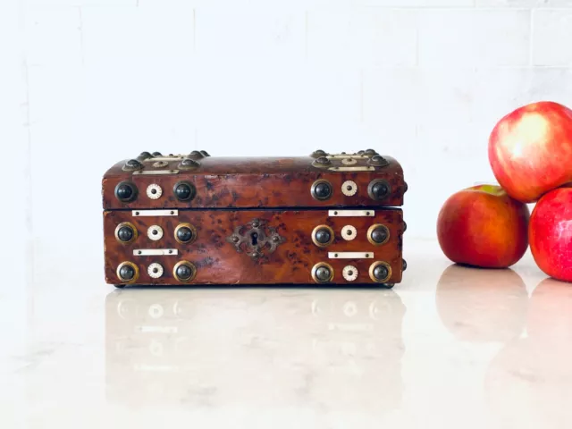 Burl walnut and engraved brass dome-sewing box with mother-of-pearl, English, ca