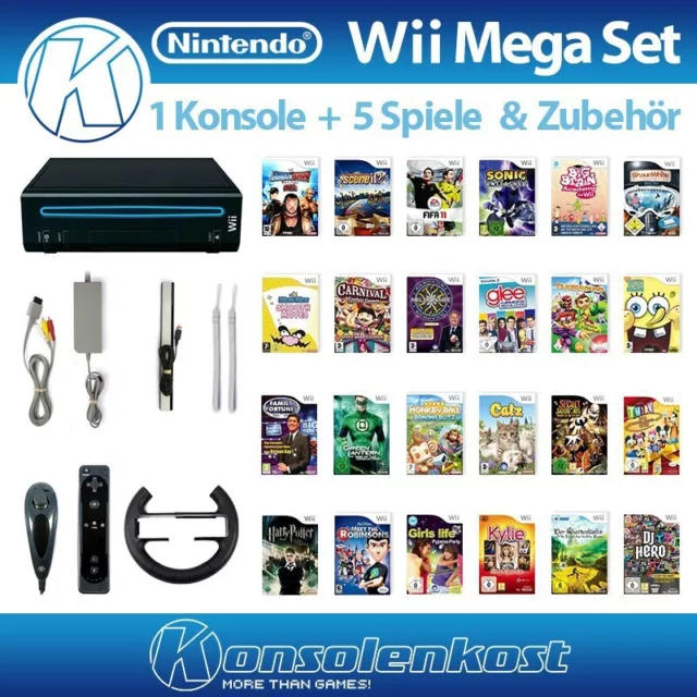 Nintendo Wii - Konsole MegaSet #schwarz + 5 Spiele + Remote + Zub.