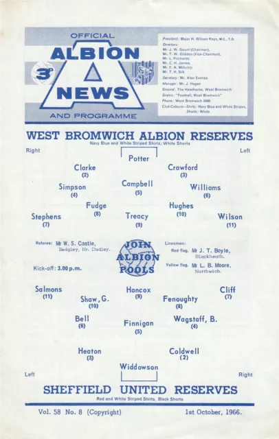 West Bromwich Albion Reserves v Sheffield United Reserves 1966/7 (1 Oct)