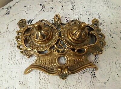 Vintage Ornate Victorian Style Heavy Brass Double Ink Well w/Inkwell Inserts