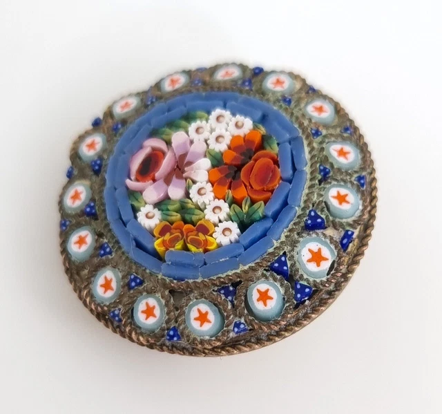 Ancien Début 20th Siècle Exquisite Italien Micro Mosaïque Rond Floral Broche 3