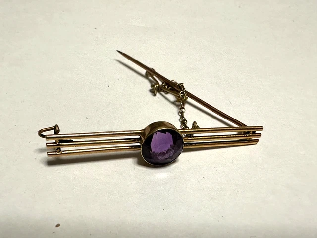 Tie Pin / Triple Bar Brooch with Safety Chain and Stone - 3.5 grams