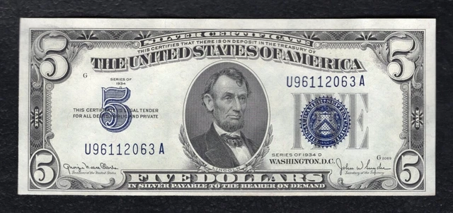 1934-D $5 Five Dollars Silver Certificate Currency Note Choice Uncirculated (F)