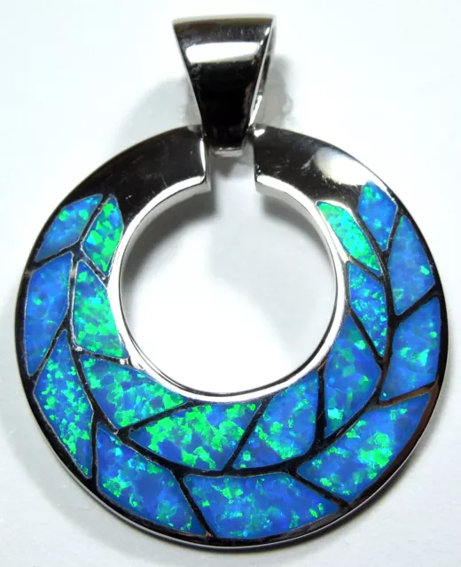 Blue Fire Opal Inlay Genuine 925 Sterling Silver Disc Pendant For Necklace