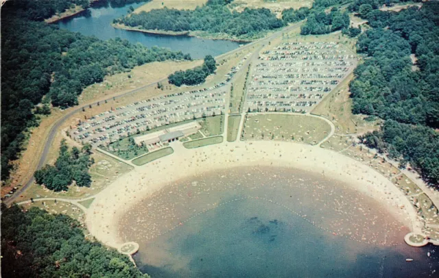 NY Harriman State Park Sebago Lake Beach Bathing Area Vtg Postcard Aerial View