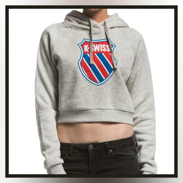 K-SWISS Women's Small Gray Logo Graphic Cropped Hoodie Sweater Sweatshirt KSWISS