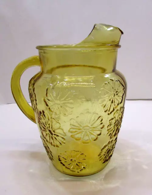 Vintage Anchor Hocking Amber Glass Embossed Flower Blossom 9" Pitcher w Ice Lip