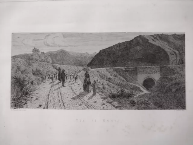 Enrico Ghisolfi Via ai monti Cuneo Piemonte Alba acquaforte originale 1870 Alpi