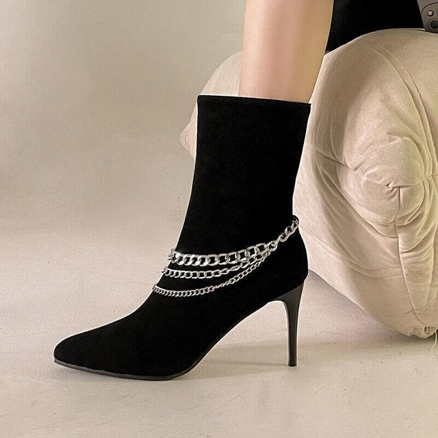 Chic Women Faux Suede High Heels Shoes Party Casual Club Chain Decor Ankle Boots
