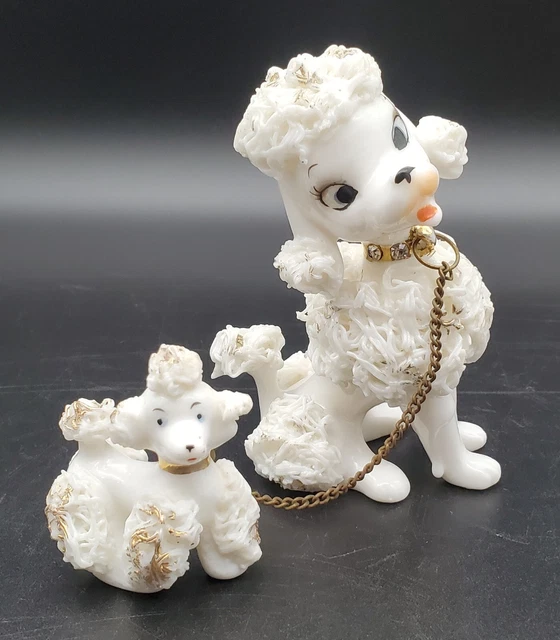 Vintage Napco Spaghetti French Poodles Mom Puppy White With Gold Accents Chain