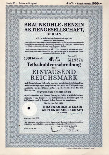 Braunkohle-Benzin AG Berlin, 4 1/2 % Teilschuldv., 1938 Serie E (1.000 RM)