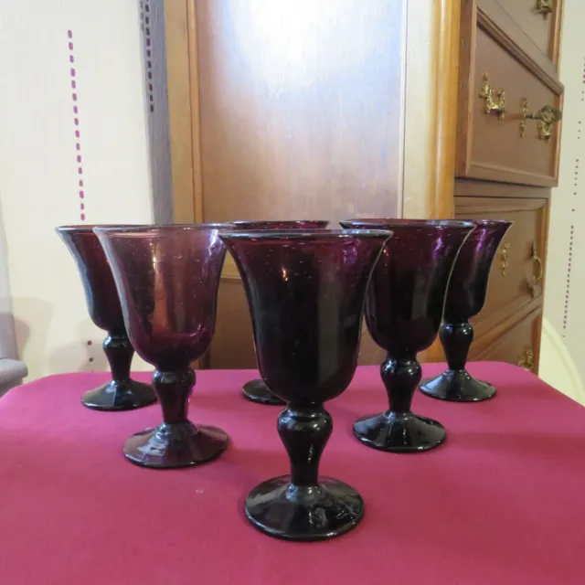 6 Vasos de Vino Rojo de Cristal Soplado Y Burbuja Color Amatista Firmado Biot