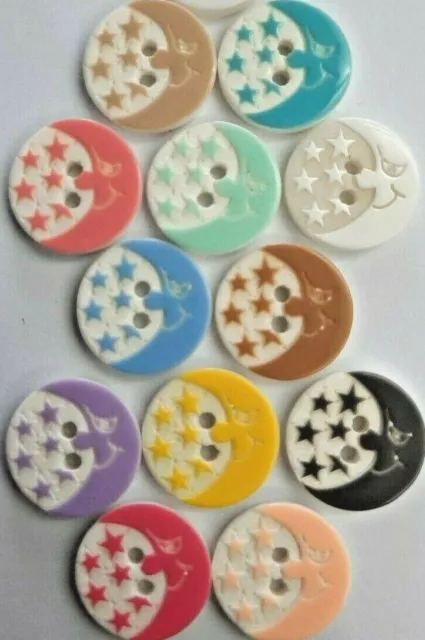 Baby buttons - Moon and Stars 14mm 2 hole button - 12 colours - Novelty - Craft