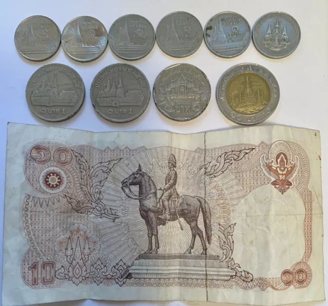Thailand Lot of Ten Baht coins & One 10 Baht Note 1980s/90s? good used condition