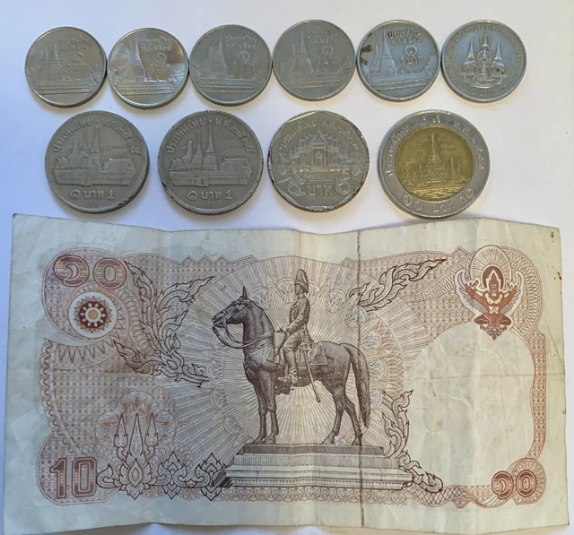 Thailand Lot of Ten Baht coins & One 10 Baht Note 1980s/90s? good used condition
