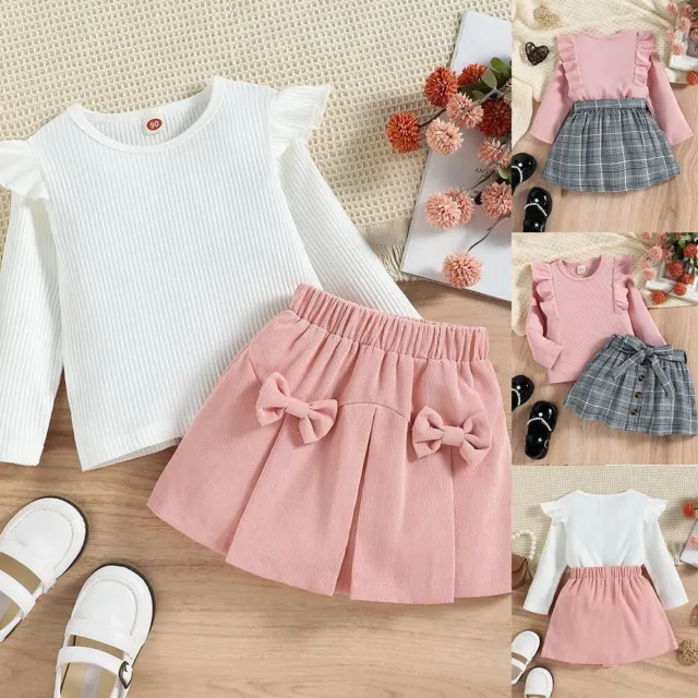 2PCS Toddler Kids Baby Girls Ribbed Ruffle Tops Skirt Set Party Outfits Clothes