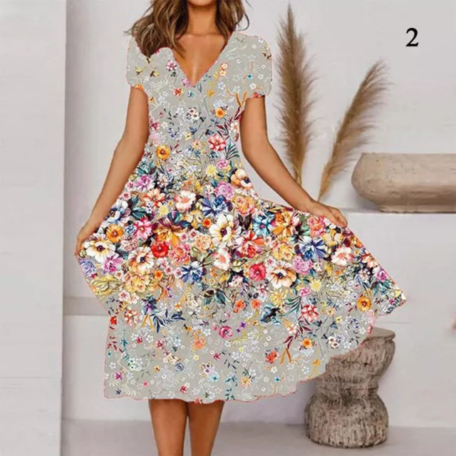 Womens Summer Floral V-Neck Midi Dress Holiday Beach Short Sleeve Swing Sundress