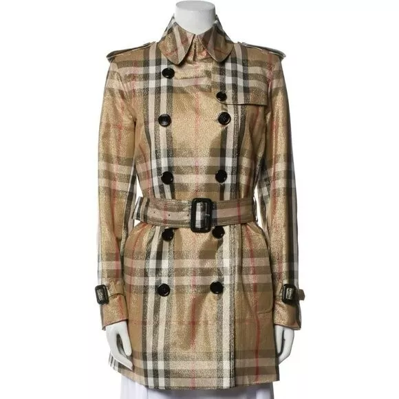 Burberry Gold Shimmer Metallic Check Plaid Trench Coat Size Us 4