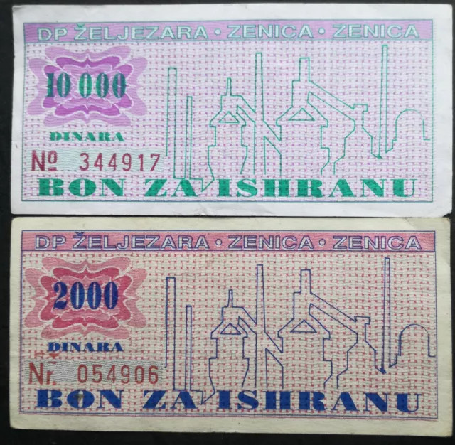BOSNIA & HERZEGOVINA 2000 & 10000 Dinara Food Bon - Coupon Ironworks Zenica 1980