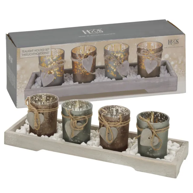 Home Decor 4 Tea Light Holders With Modern Wood Tray Mantle Display Gift Set