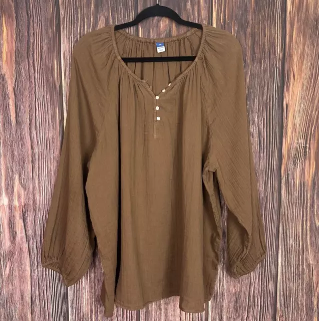 Old Navy Top Shirt Womens Brown Gauze Henley Popover Blouse Long Sleeve Size XXL