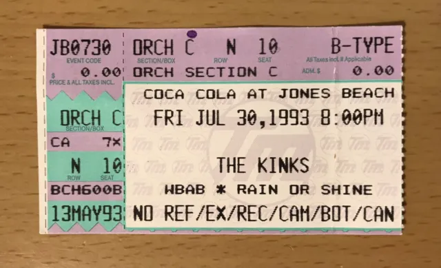 1993 The Kinks Aimee Mann Jones Beach Nyc Concert Ticket Stub You Really Got N10