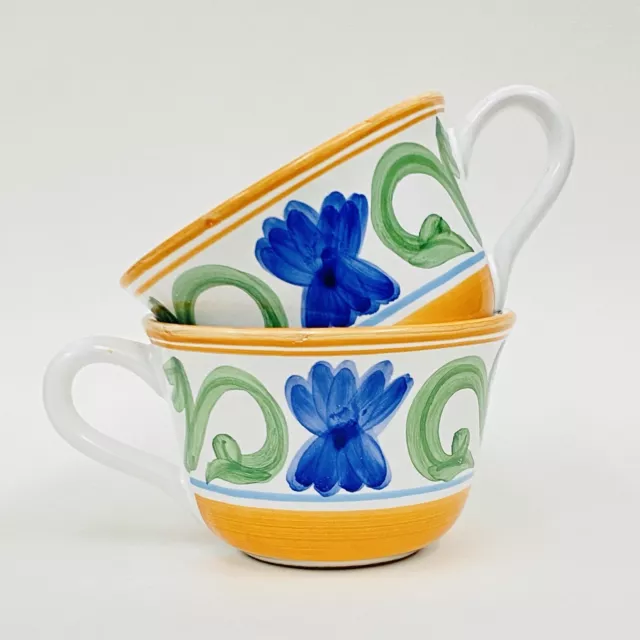 2 Williams Sonoma Orange Green Bands Blue Flowers Hand Painted Large Mugs Italy