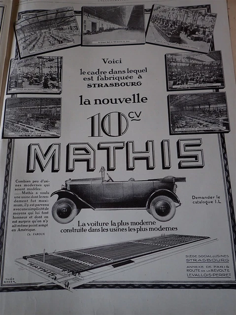 MATHIS 10 CV automobile STRASBOURG publicité papier ILLUSTRATION AUTO 1925 col