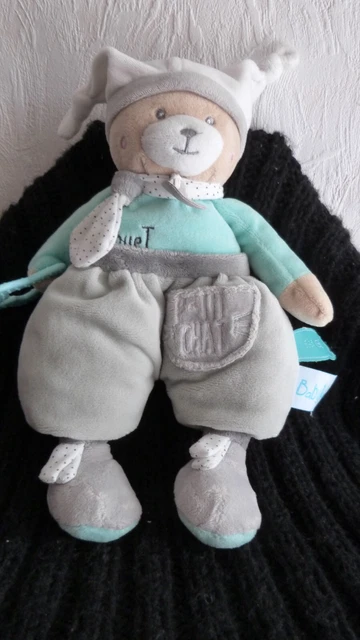 doudou babynat ours polochon ,ptit chat gris vert etoile, pouet hochet