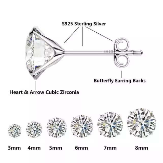 Women Men Genuine 925 Solid Sterling Silver Cubic Zirconia Round Stud Earrings 3