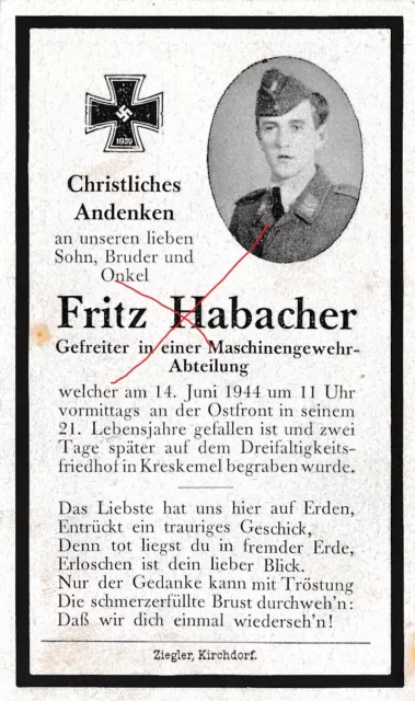 Nr.10701 Sterbebild deathcard  Soldat MG Schütze 1944 Kreskemel Kirchdorf