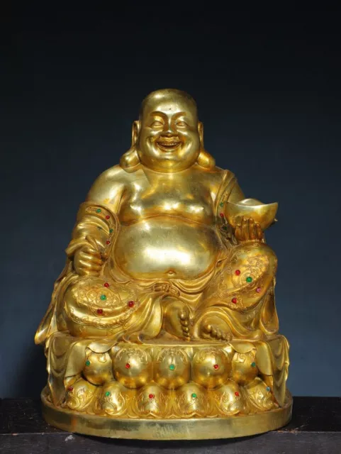 13.8& CHINA OLD Tibet Tibetan Buddhism temple Bronze gilt Maitreya ...