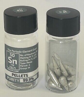 Estaño Metal Perdigones 99.9% 10 Gramos En Labeled Periódicos Elemento Botella