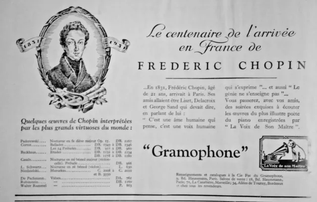 Publicité De Presse 1931 Gramophone - Frédéric Chopin - Advertising