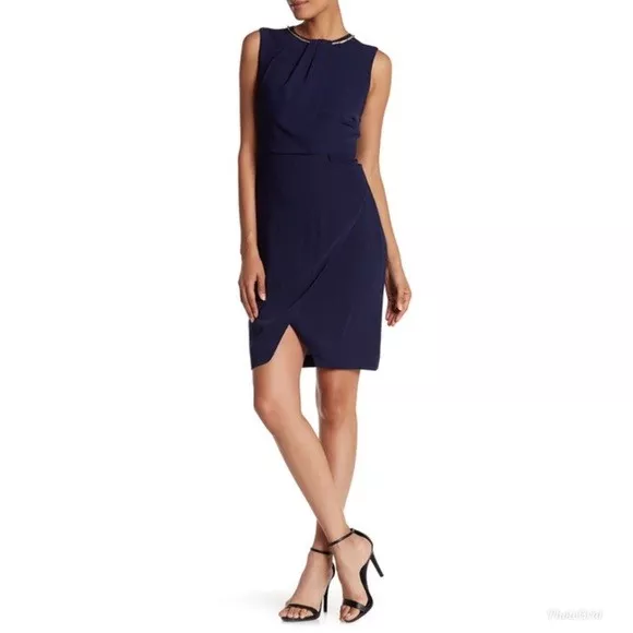 Ellen Tracy Womens Navy Blue Crew Neck Sleeveless Chiffon Sheath Dress Sz 8 NWT