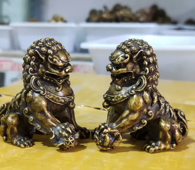 Tibet Antique Bronze mini Fu Foo Dog lion Statue old Archaic guard lions pair