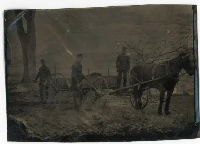 Outdoor Tintype - Laborers Shoveling Earth into Horse-Drawn Wagon