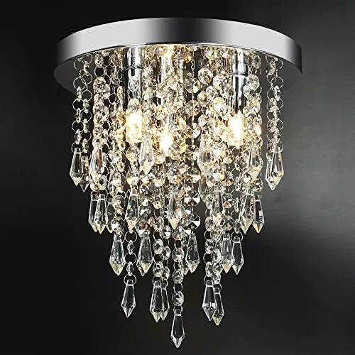 3 Lights Mini Crystal Flushmount Chandelier Fixture, H10.4 X W9.8, Elegant Mo...