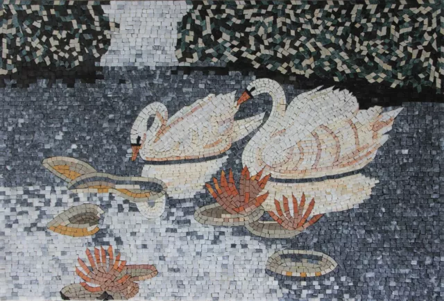 Mosaic Marble Swimming Swan ANIMAL Wall Design Art 44x30 Inches